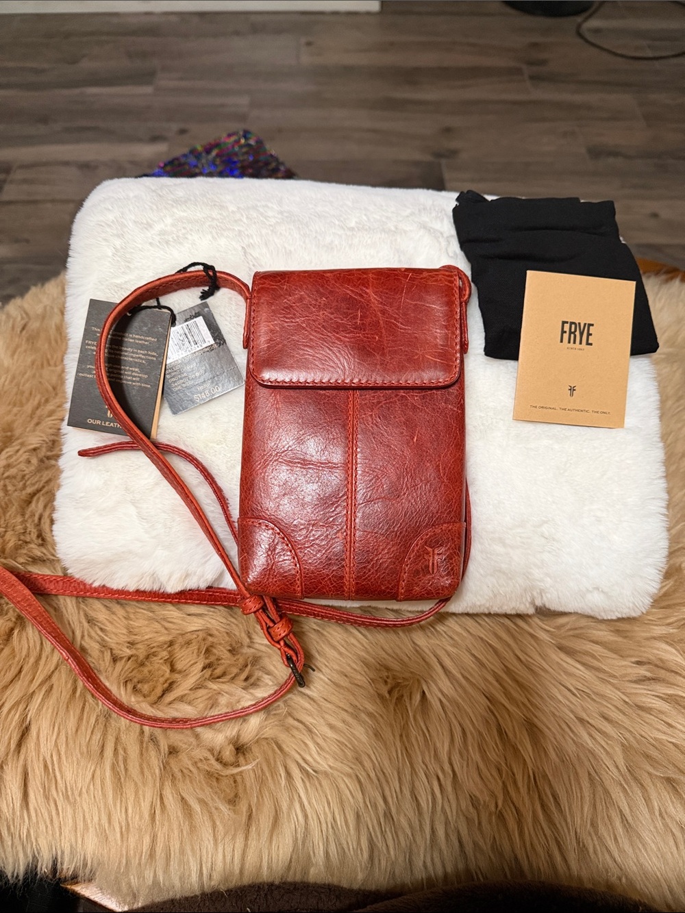 Frye Burnt Orange Leather Crossbody Phone Wallet Bag, ID Window NWT